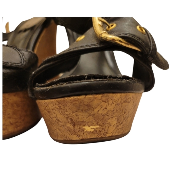 Charlotte Russe Vintage Cork Heel Open Black Strappy Wedge Size 10 - Picture 3 of 9